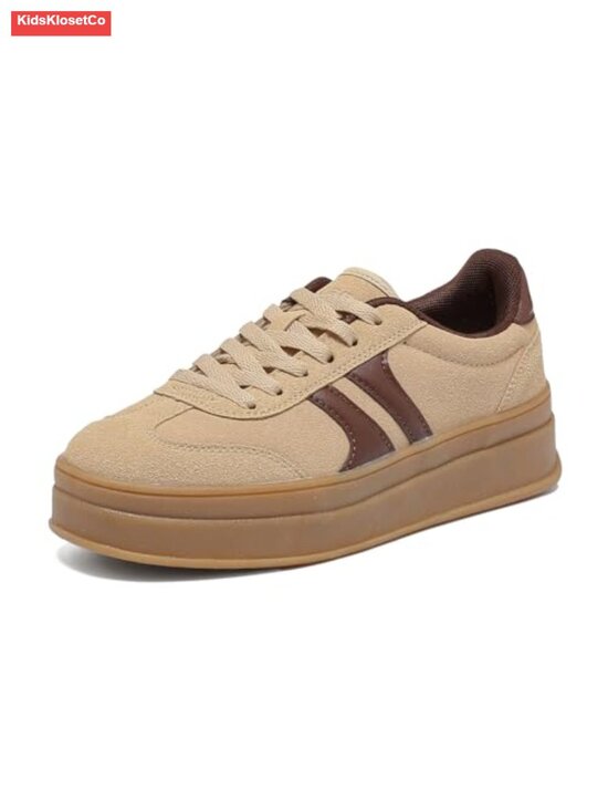Shoes - Vintage Suede and Leather Platform Sneakers - Anti-Slip Rubber Sole Lace-Up
